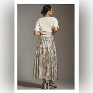 Maeve by Anthropologie Metallic Silver Pleated Midi Skirt
